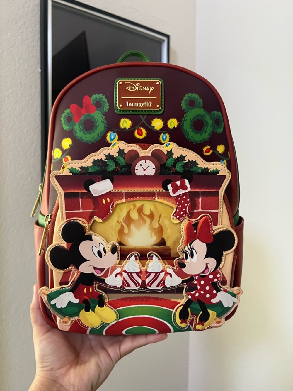 Loungefly Red & Green Mickey and Minnie Holiday Fireplace Mini Backpack